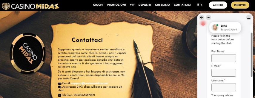 Contatta il supporto Casino Midas tramite email e telefono